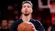 Oct 27, 2025; Houston, Texas, USA; Houston Rockets center Alperen Sengun (28) warms up prior to the game against the Brooklyn Nets at Toyota Center. Mandatory Credit: Erik Williams-Imagn Images
