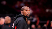 Oct 27, 2025; Houston, Texas, USA; Houston Rockets forward Kevin Durant (7) warms up prior to the game against the Brooklyn Nets at Toyota Center. Mandatory Credit: Erik Williams-Imagn Images
