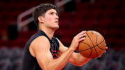 Oct 27, 2025; Houston, Texas, USA; Houston Rockets guard Reed Sheppard (15) warms up prior to the game against the Brooklyn Nets at Toyota Center. Mandatory Credit: Erik Williams-Imagn Images
