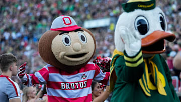 Ohio State Buckeyes mascot Brutus and the Oregon Duck