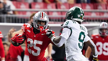 Ohio State Buckeyes running back Bo Jackson (25) stiff arms Ohio Bobcats cornerback Michael Mack II (9) in the second half at the Ohio Stadium on Saturday, Sept. 13, 2025 in Columbus, Ohio.