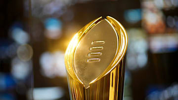 The College Football Playoff trophy inside the College Football Hall of Fame during media day for the Peach Bowl on Dec 29, 2022.