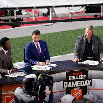 Oct 21, 2023; Columbus, Ohio, USA; The ESPN College Gameday crew broadcasts from the field prior to the NCAA football game between the Ohio State Buckeyes and the Penn State Nittany Lions at Ohio Stadium.