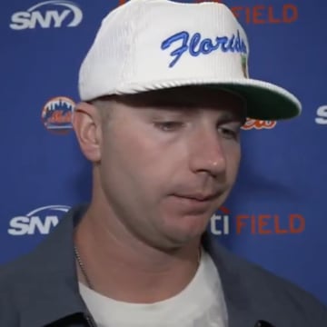 New York Mets first baseman Pete Alonso speaks to the media.