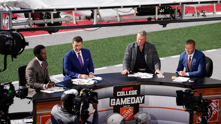 Oct 21, 2023; Columbus, Ohio, USA; The ESPN College Gameday crew broadcasts from the field prior to the NCAA football game between the Ohio State Buckeyes and the Penn State Nittany Lions at Ohio Stadium.