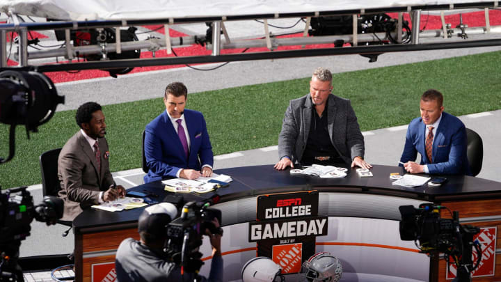 Oct 21, 2023; Columbus, Ohio, USA; The ESPN College Gameday crew broadcasts from the field prior to the NCAA football game between the Ohio State Buckeyes and the Penn State Nittany Lions at Ohio Stadium.