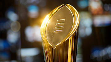 The College Football Playoff trophy inside the College Football Hall of Fame during media day for the Peach Bowl on Dec 29, 2022.
