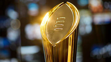 The College Football Playoff trophy inside the College Football Hall of Fame during media day for the Peach Bowl on Dec 29, 2022.