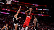 Oct 27, 2025; Houston, Texas, USA; Houston Rockets forward Kevin Durant (7) shoots against the Brooklyn Nets during the first quarter at Toyota Center. Mandatory Credit: Erik Williams-Imagn Images
