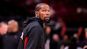 Oct 27, 2025; Houston, Texas, USA; Houston Rockets forward Kevin Durant (7) warms up prior to the game against the Brooklyn Nets at Toyota Center. Mandatory Credit: Erik Williams-Imagn Images
