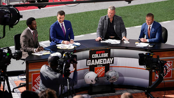 Oct 21, 2023; Columbus, Ohio, USA; The ESPN College Gameday crew broadcasts from the field prior to the NCAA football game between the Ohio State Buckeyes and the Penn State Nittany Lions at Ohio Stadium.