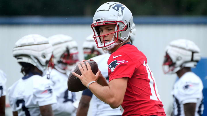 Patriots quarterback Drake Maye on first day of training camp in July.