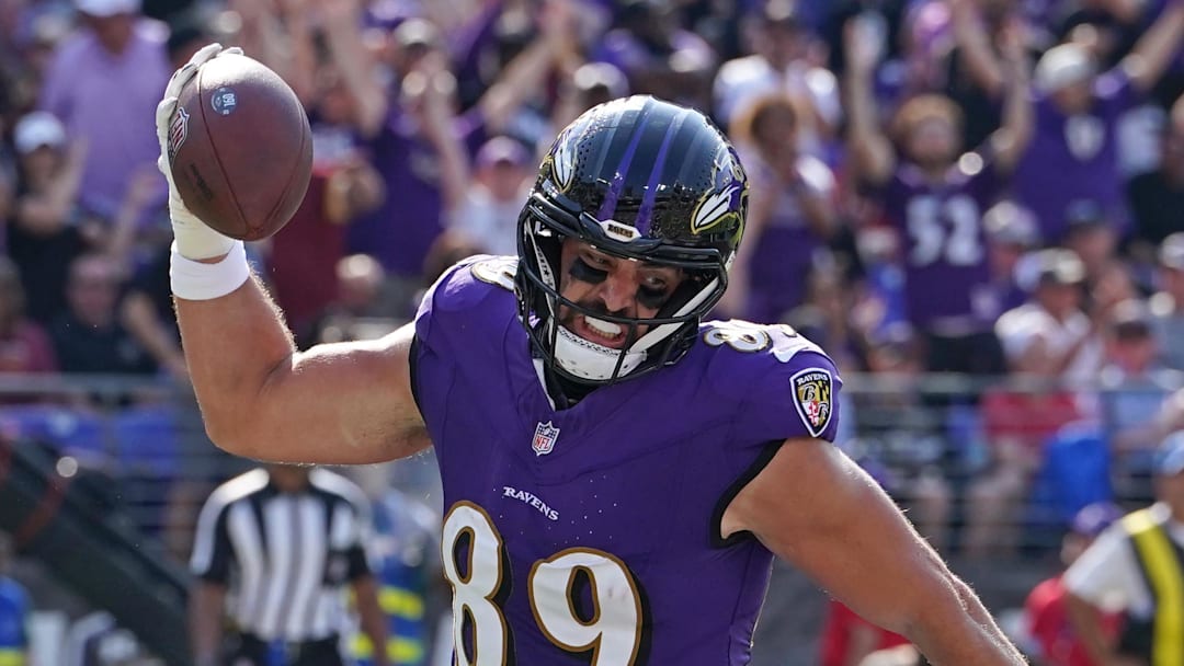 Oct 13, 2024; Baltimore, Maryland, USA; Baltimore Ravens tight end Mark Andrews (89) reacts following his touchdown catch during the second quarter against the Washington Commanders at M&T Bank Stadium. Mandatory Credit: Mitch Stringer-Imagn Images Oct 13, 2024; Baltimore, Maryland, USA; Baltimore Ravens tight end Mark Andrews (89) reacts following his touchdown catch during the second quarter against the Washington Commanders at M&T Bank Stadium. Mandatory Credit: Mitch Stringer-Imagn Images