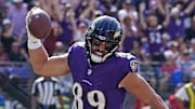 Oct 13, 2024; Baltimore, Maryland, USA; Baltimore Ravens tight end Mark Andrews (89) reacts following his touchdown catch during the second quarter against the Washington Commanders at M&T Bank Stadium. Mandatory Credit: Mitch Stringer-Imagn Images