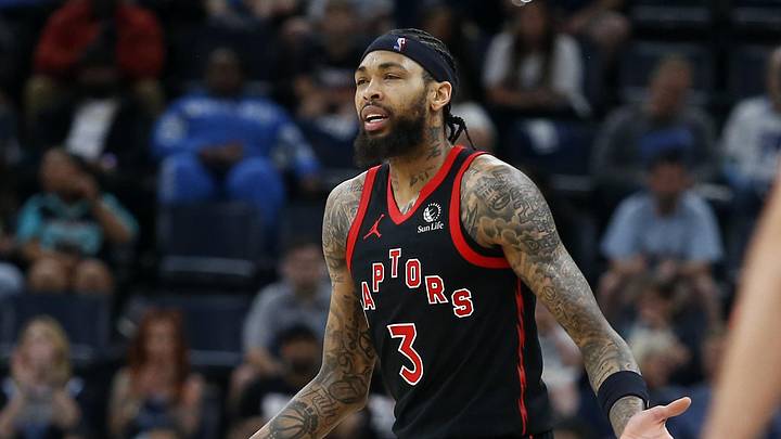 Apr 3, 2026; Memphis, Tennessee, USA; Toronto Raptors forward Brandon Ingram (3) reacts during the first quarter against the Memphis Grizzlies at FedExForum. Mandatory Credit: Petre Thomas-Imagn Images