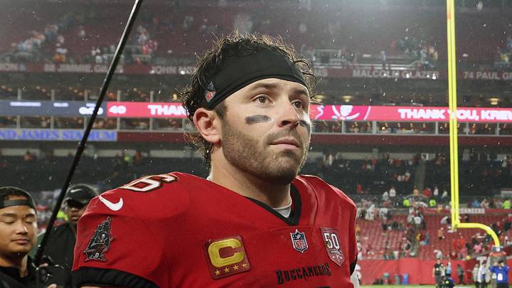 Jan 3, 2026; Tampa, Florida, USA; Tampa Bay Buccaneers quarterback Baker Mayfield (6) leaves the field after defeating the Carolina Panthers at Raymond James Stadium. Mandatory Credit: Nathan Ray Seebeck-Imagn Images