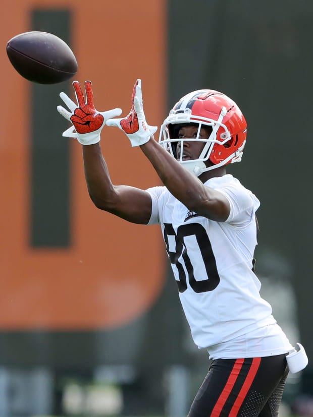 Browns wide receiver Jamari Thrash eyes a pass in a drill during minicamp, Thursday, June 13, 2024, in Berea.