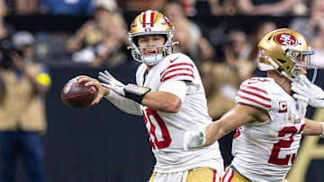 Sep 14, 2025; New Orleans, Louisiana, USA;  San Francisco 49ers quarterback Mac Jones (10) passes against the New Orleans Saints during the first half at Caesars Superdome. Mandatory Credit: Stephen Lew-Imagn Images