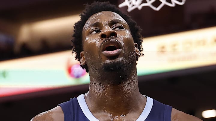 Nov 30, 2025; Sacramento, California, USA; Memphis Grizzlies forward/center Jaren Jackson Jr. (8) reacts after a play against the Sacramento Kings during the fourth quarter at Golden 1 Center. Mandatory Credit: Kelley L Cox-Imagn Images