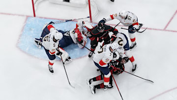 May 20, 2025; Raleigh, North Carolina, USA; The aftermath of a collision between Florida Panthers goaltender Sergei Bobrovsky (72) and Carolina Hurricanes forward Andrei Svechnikov (37) in game one of the Eastern Conference Final of the 2025 Stanley Cup Playoffs at Lenovo Center. Credit: James Guillory-Imagn Images