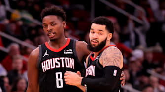 Jan 3, 2024; Houston, Texas, USA; Houston Rockets forward Jae'Sean Tate (8) and Houston Rockets guard Fred VanVleet (5) congratulate each other after a made basket against the Brooklyn Nets during the fourth quarter at Toyota Center. Mandatory Credit: Erik Williams-Imagn Images