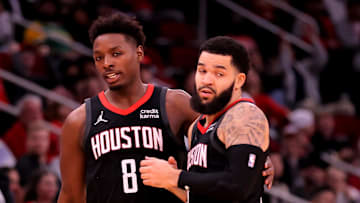 Jan 3, 2024; Houston, Texas, USA; Houston Rockets forward Jae'Sean Tate (8) and Houston Rockets guard Fred VanVleet (5) congratulate each other after a made basket against the Brooklyn Nets during the fourth quarter at Toyota Center. Mandatory Credit: Erik Williams-Imagn Images
