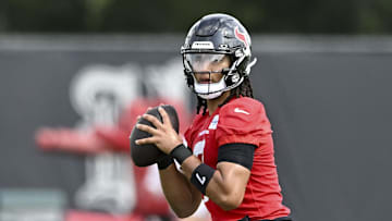 Jun 10, 2025; Houston, TX, USA; Houston Texans quarterback C.J. Stroud (7) participates in a drill during an NFL football minicamp at NRG Stadium. Mandatory Credit: Maria Lysaker-Imagn Images 