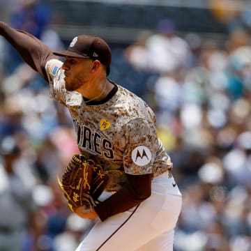 May 26, 2024; San Diego, California, USA; San Diego Padres starting pitcher Joe Musgrove (44) throws a pitch in the first inning against the New York Yankees at Petco Park. Mandatory Credit: David Frerker-USA TODAY Sports