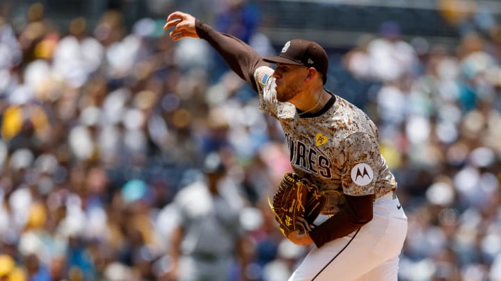 May 26, 2024; San Diego, California, USA; San Diego Padres starting pitcher Joe Musgrove (44) throws a pitch in the first inning against the New York Yankees at Petco Park. Mandatory Credit: David Frerker-USA TODAY Sports