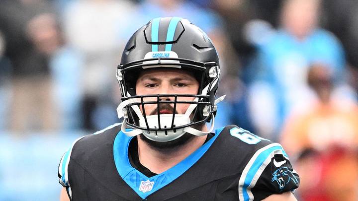 Dec 21, 2025; Charlotte, North Carolina, USA; Carolina Panthers center Austin Corbett (63) runs on to the field before the game at Bank of America Stadium. Mandatory Credit: Bob Donnan-Imagn Images