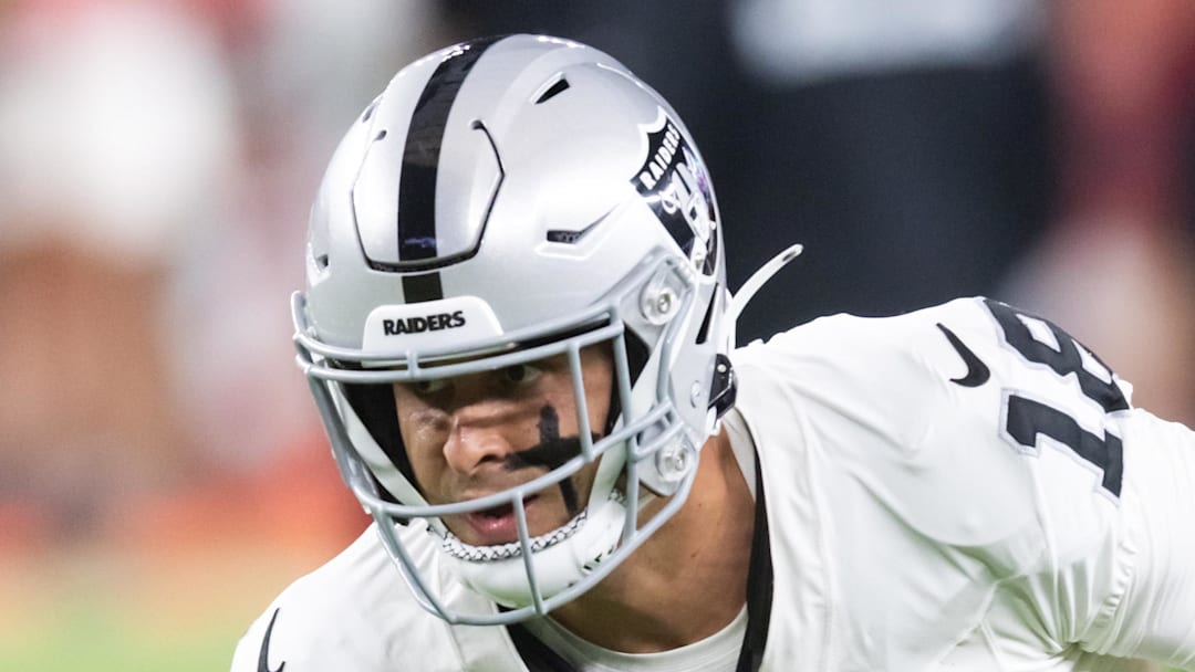 Aug 23, 2025; Glendale, Arizona, USA; Las Vegas Raiders wide receiver Jack Bech (18) against the Arizona Cardinals during a preseason NFL game at State Farm Stadium. Mandatory Credit: Mark J. Rebilas-Imagn Images