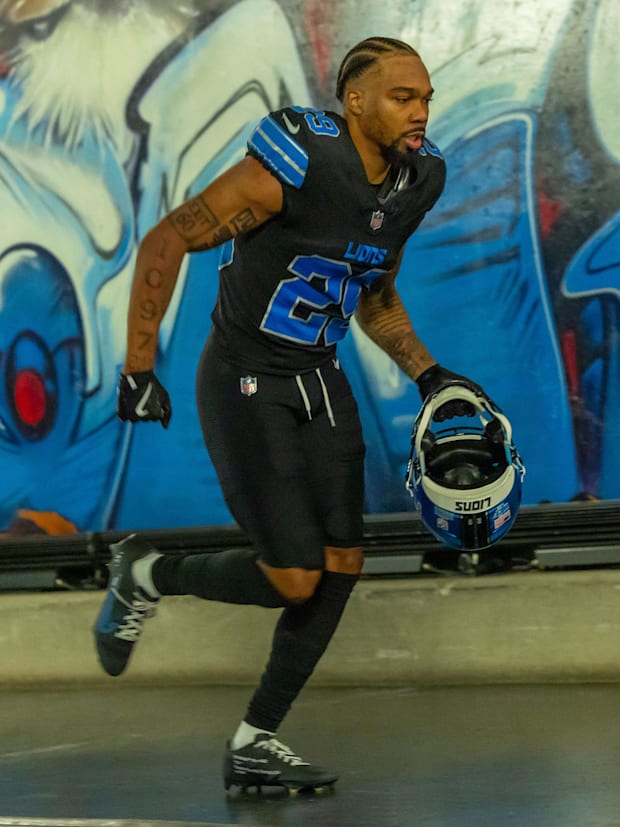 Detroit Lions cornerback Kindle Vildor runs up the tunnel after the game win against the Minnesota Vikings at Ford Field. 