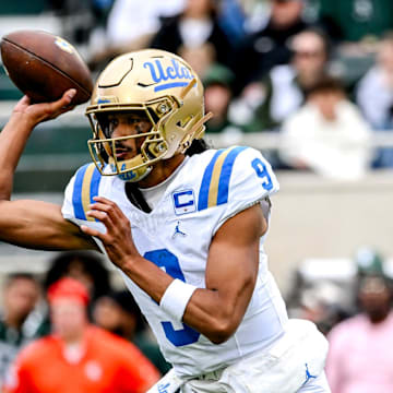 UCLA's Nico Iamaleava throws a pass against Michigan State during the third quarter on Saturday, Oct. 11, 2025, at Spartan Stadium in East Lansing.
