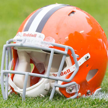 Oct 20, 2013; Green Bay, WI, USA; A Cleveland Browns helmet sits on the field during warmups prior to the game against the Green Bay Packers at Lambeau Field.  Green Bay won 31-13.  Mandatory Credit: Jeff Hanisch-Imagn Images