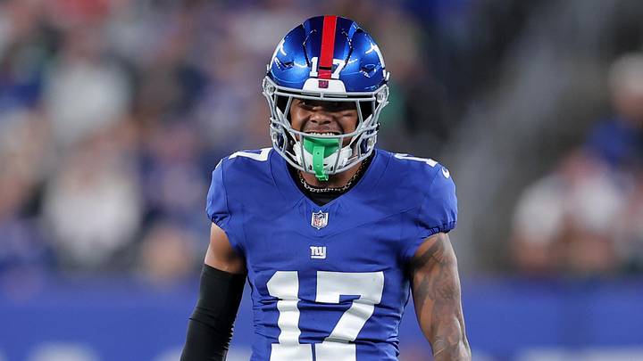 Oct 9, 2025; East Rutherford, New Jersey, USA; New York Giants wide receiver Wan'Dale Robinson (17) smiles after a play against the Philadelphia Eagles during the first quarter of the game at MetLife Stadium. Mandatory Credit: Brad Penner-Imagn Images