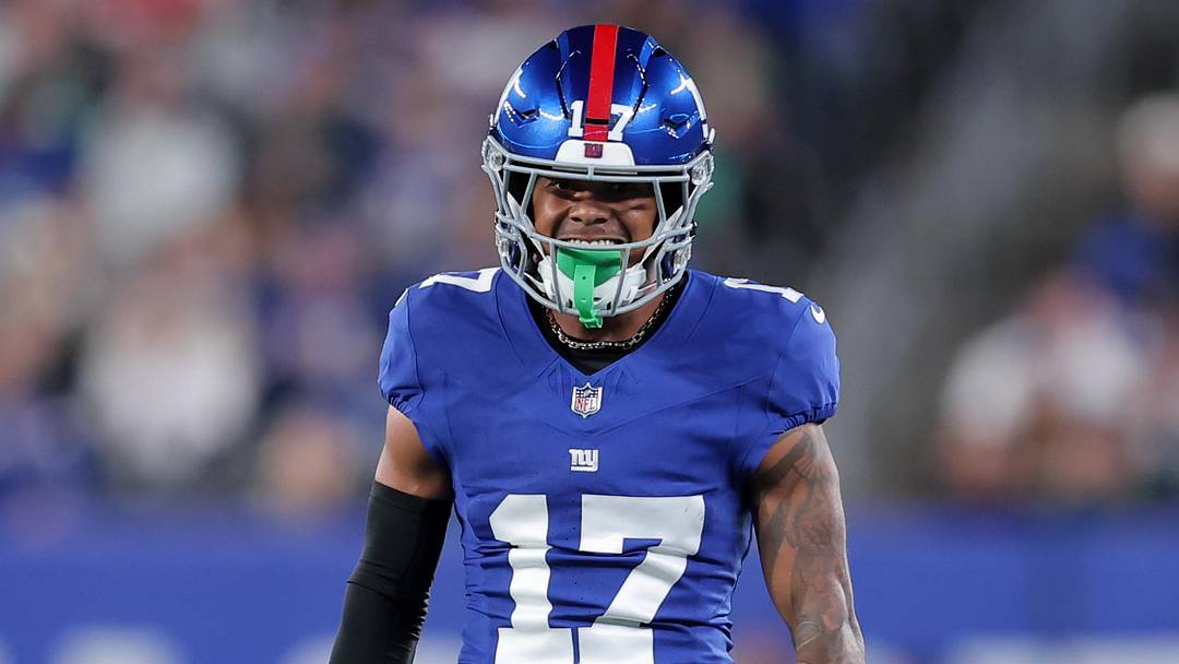 Oct 9, 2025; East Rutherford, New Jersey, USA; New York Giants wide receiver Wan'Dale Robinson (17) smiles after a play against the Philadelphia Eagles during the first quarter of the game at MetLife Stadium. Mandatory Credit: Brad Penner-Imagn Images