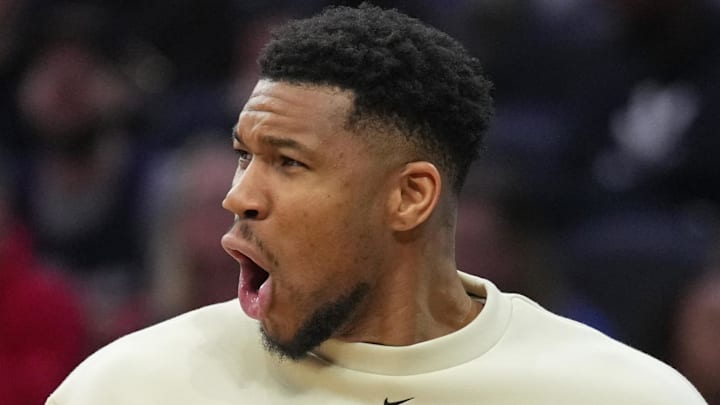 Apr 12, 2026; Philadelphia, Pennsylvania, USA; Milwaukee Bucks forward Giannis Antetokounmpo reacts during the game against the Philadelphia 76ers at Xfinity Mobile Arena. Mandatory Credit: Kyle Ross-Imagn Images