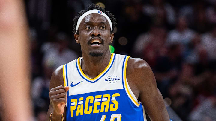 Indiana Pacers forward Pascal Siakam (43) celebrates a made shot in the first half against the Miami Heat at Gainbridge Fieldhouse.