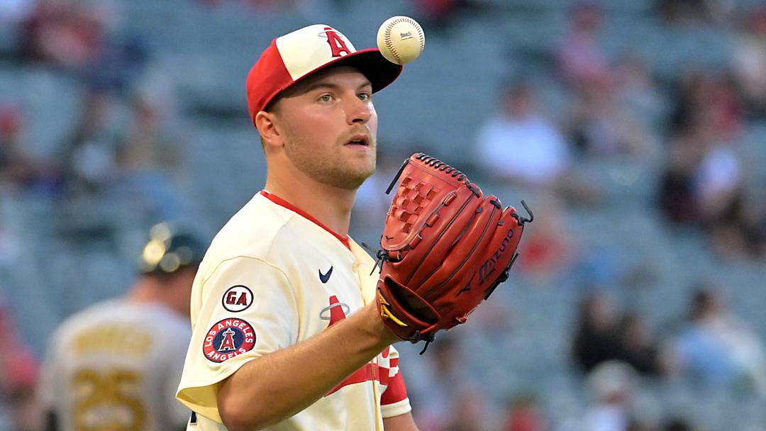 May 19, 2026; Anaheim, California, USA;  Los Angeles Angels starting pitcher Reid Detmers (48) reacts after allowing six runs in the third inning against the Athletics at Angel Stadium. Mandatory Credit: Jayne Kamin-Oncea-Imagn Images