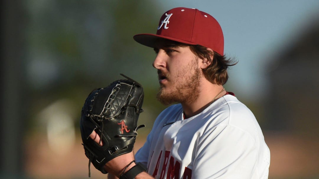 Feb 23, 2024; Tuscaloosa, Alabama, USA; Alabama starting pitcher Ben Hess prepares to make a pitch during the opening game of the weekend series with Valparaiso at Sewell-Thomas Stadium.