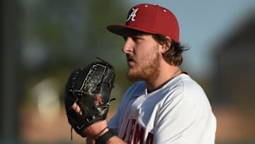 Feb 23, 2024; Tuscaloosa, Alabama, USA; Alabama starting pitcher Ben Hess prepares to make a pitch during the opening game of the weekend series with Valparaiso at Sewell-Thomas Stadium.