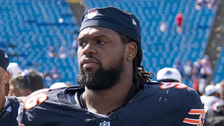 Aug 10, 2024; Orchard Park, New York, USA; Chicago Bears defensive tackle Zacch Pickens (96) leaves the field after a pre-season game against the Buffalo Bills at Highmark Stadium. Mandatory Credit: Mark Konezny-Imagn Images