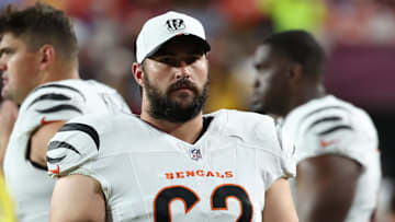 Aug 18, 2025; Landover, Maryland, USA; Cincinnati Bengals guard Lucas Patrick (62)looks on from the sidelines against the Washington Commanders during the first half at Northwest Stadium. Mandatory Credit: Amber Searls-Imagn Images