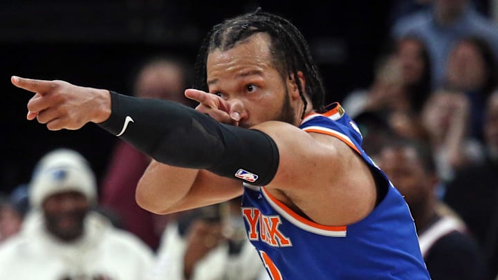 Feb 28, 2025; Memphis, Tennessee, USA; New York Knicks guard Jalen Brunson (11) reacts after a three point basket during the fourth quarter against the Memphis Grizzlies at FedExForum. Mandatory Credit: Petre Thomas-Imagn Images