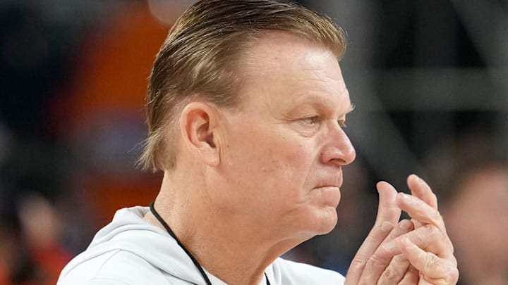 Illinois Fighting Illini head coach Brad Underwood applauds during practice ahead of a Final Four game on Friday, April 3, 2026, at Lucas Oil Stadium in Indianapolis.