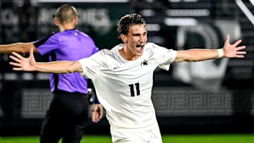 Michigan State's Luke Spadafora celebrates after the Spartans beat Indiana on Tuesday, Sept. 23, 2025, at DeMartin Stadium in East Lansing.