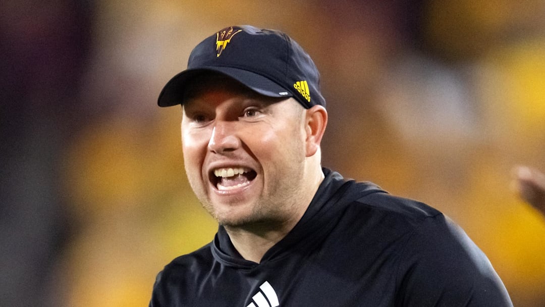 Nov 28, 2025; Tempe, Arizona, USA; Arizona State Sun Devils head coach Kenny Dillingham reacts against the Arizona Wildcats in the second half during the 99th Territorial Cup at Mountain America Stadium. Mandatory Credit: Mark J. Rebilas-Imagn Images