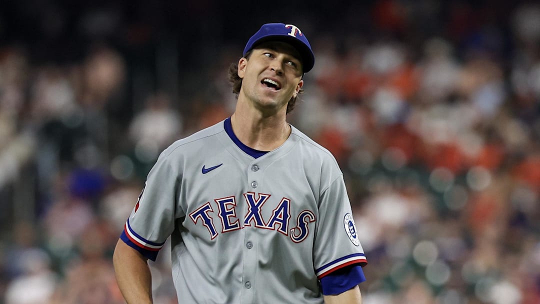 Sep 17, 2025; Houston, Texas, USA; Texas Rangers starting pitcher Jacob deGrom (48) reacts to the umpire call against the Houston Astros in the first inning at Daikin Park. Mandatory Credit: Thomas Shea-Imagn Images