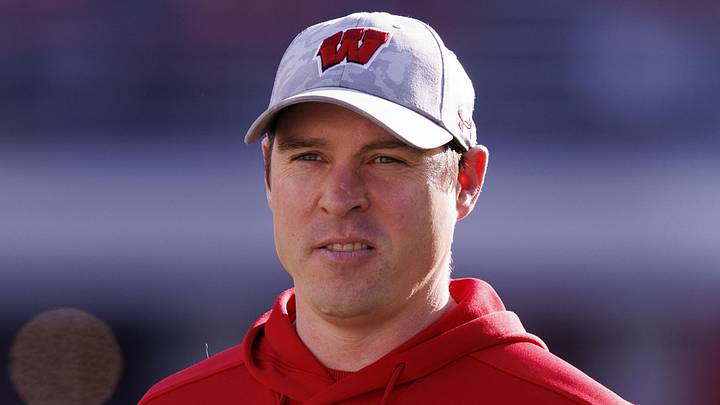 Nov 26, 2022; Madison, Wisconsin, USA;  Wisconsin Badgers head coach Jim Leonhard prior to the game against the Minnesota Golden Gophers at Camp Randall Stadium. Mandatory Credit: Jeff Hanisch-Imagn Images