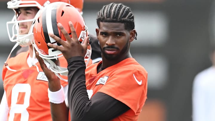 Jun 12, 2025; Berea, OH, USA; Cleveland Browns quarterback Shedeur Sanders (12) listens to a play call during mini camp at CrossCountry Mortgage Campus. Mandatory Credit: Ken Blaze-Imagn Images
